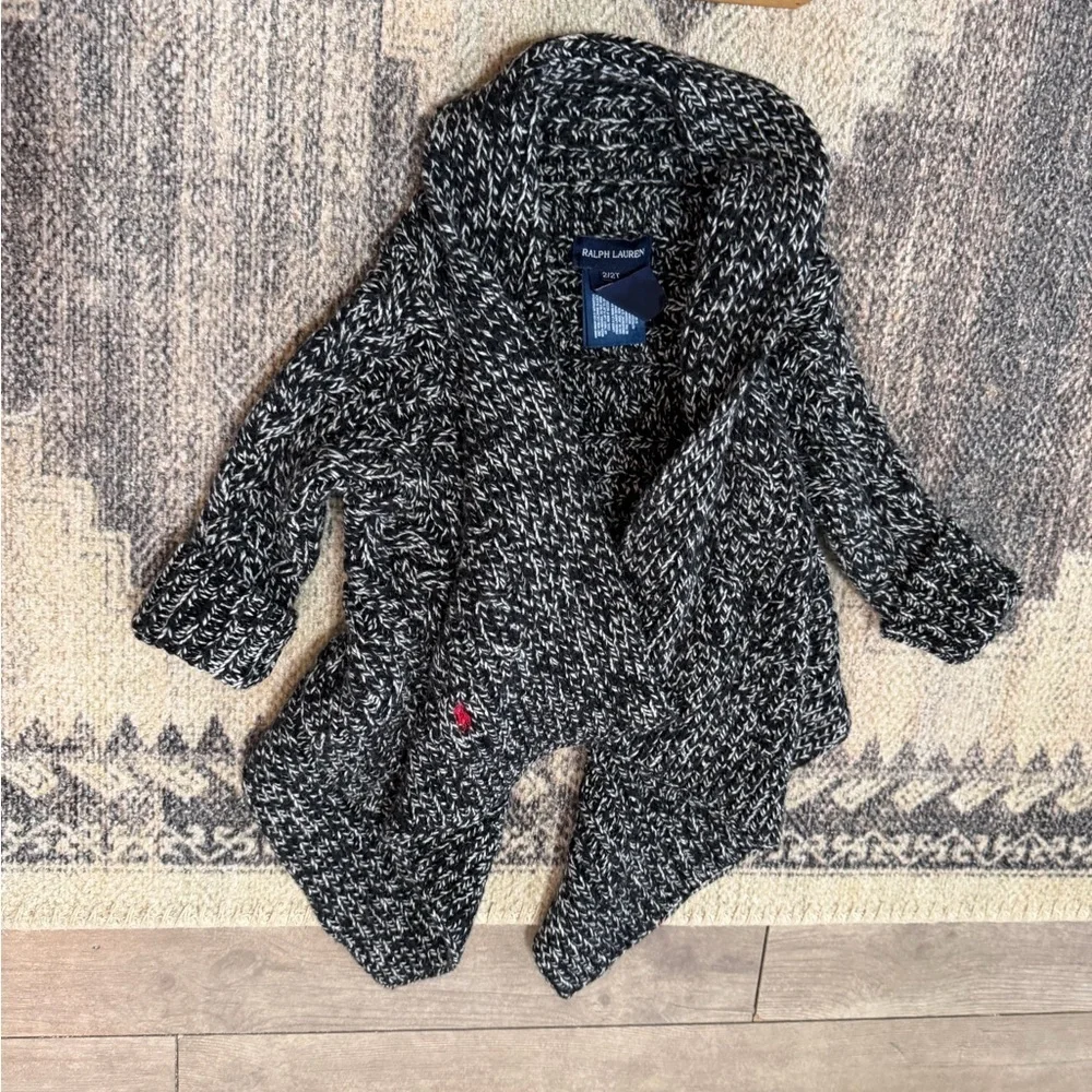 Ralph Lauren Toddler Girl Chunky Knit Black & White Marled Shawl-Collar Cardigan